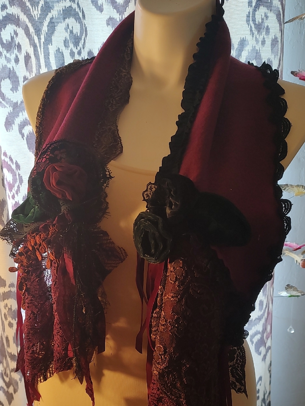 Women's Burgundy Lace Scarf with Floral Accents